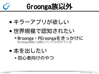 Groonga族2015 Powered by Rabbit 2.1.9
Groonga族以外
キラーアプリが欲しい
世界規模で認知されたい
Mroonga・PGroongaをきっかけに
MroongaはMariaDBにバンドルされている
本を...