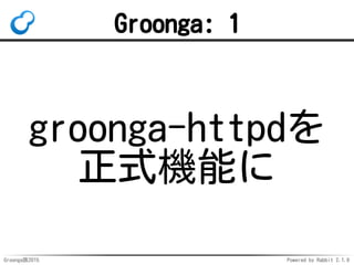 Groonga族2015 Powered by Rabbit 2.1.9
Groonga: 1
groonga-httpdを
正式機能に
 