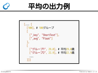 Groonga族2015 Powered by Rabbit 2.1.9
平均の出力例
[... [
[100], # 100グループ
[
["_key", "ShortText"],
["_avg", "Float"]
],
[
["グループ...