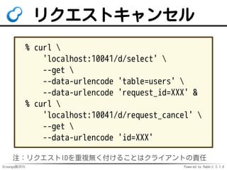 Groonga族2015 Powered by Rabbit 2.1.9
リクエストキャンセル
% curl 
'localhost:10041/d/select' 
--get 
--data-urlencode 'table=users' ...