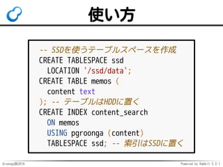 Groonga族2016 Powered by Rabbit 2.2.1
Mroonga: まとめ
便利になった！
速くもなった！
Groongaが速くなったから
 