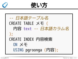 Groonga族2016 Powered by Rabbit 2.2.1
使い方：索引定義
CREATE INDEX description_search
ON items
-- 複合主キーの全カラムを含める
USING pgroonga (company_id,
product_id,
description);
 