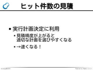 Groonga族2016 Powered by Rabbit 2.2.1
pgroonga.highlight_html
キーワードをハイライト
用途：検索結果の表示
 