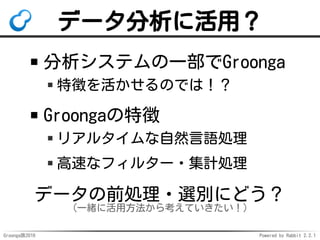 Groonga族2016 Powered by Rabbit 2.2.1
使い方
SELECT pgroonga.command(
'select',
ARRAY[ -- 配列で渡すと自動エスケープ
'table', pgroonga.table_name('memos'),
-- ..., ↓自動エスケープ
'query', 'ユーザーからの入力'
]);
 