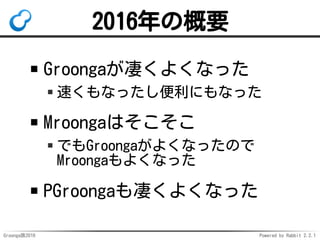 Groonga族2016 Powered by Rabbit 2.2.1
最近のニュース（1）
Groonga 7.0.0
リリース！
 