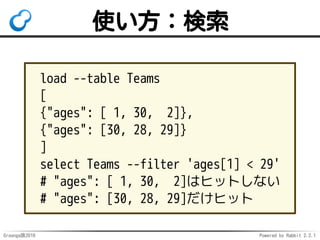 Groonga族2016 Powered by Rabbit 2.2.1
object_inspect
テーブル・カラムの情報を返す
レコード数とか総キーサイズとか
用途：調査
http://groonga.org/ja/docs/
reference/commands/
object_inspect.html
 