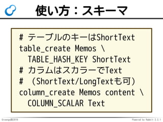Groonga族2016 Powered by Rabbit 2.2.1
object_remove
テーブル・カラム…を削除
壊れていても強制削除可！
要注意コマンド
用途：障害対応
http://groonga.org/ja/docs/
reference/commands/
object_remove.html
 