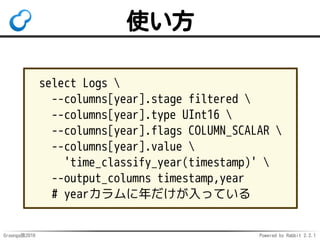 Groonga族2016 Powered by Rabbit 2.2.1
使い方
select Works 
--match_columns description 
--query Webアプリ 
# ↑までが通常の検索
# ↓で追加の絞り込み
--slices[ruby].filter language:Ruby
 