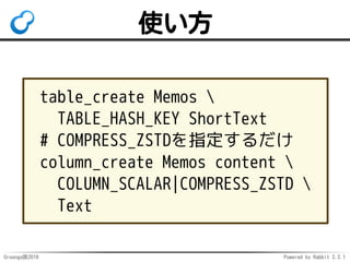 Groonga族2016 Powered by Rabbit 2.2.1
Groonga: 24
テーブルの
最大レコード数
更新
 