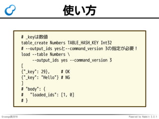 Groonga族2016 Powered by Rabbit 2.2.1
Groonga: 26
選択的
カラム圧縮
サポート
 