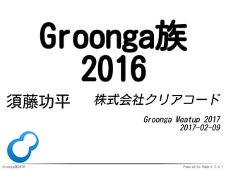 Groonga族2016 Powered by Rabbit 2.2.1
Groonga族
2016
須藤功平 株式会社クリアコード
Groonga Meatup 2017
2017-02-09
 