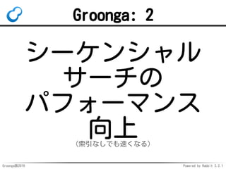 Groonga族2016 Powered by Rabbit 2.2.1
2016年の概要
Groongaが凄くよくなった
速くもなったし便利にもなった
Mroongaはそこそこ
でもGroongaがよくなったので
Mroongaもよくなった
PGroongaも凄くよくなった
 