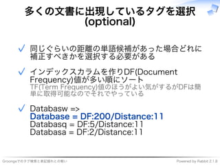 ���������������������� �����������������������
多くの⽂書に出現しているタグを選択
(optional)
����������������������
����������������
✓
������������������������
�������������������
����������������������������������
�����������������
✓
�����������
Database = DF:200/Distance:11
���������������������������
���������������������������
✓
 