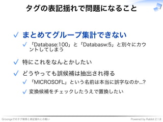 ���������������������� �����������������������
タグの表記揺れで問題になること
まとめてグループ集計できない
���������������������������������
�������
✓
✓
������������✓
����������������
�����������������������������✓
�������������������✓
✓
 