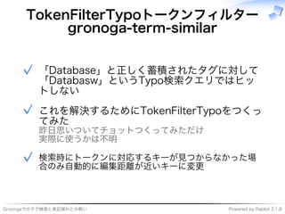 ���������������������� �����������������������
TokenFilterTypoトークンフィルター
gronoga-term-similar
�������������������������
��������������������������
����
✓
�����������������������������
���
�������������������
���������
✓
�������������������������
�������������������
✓
 
