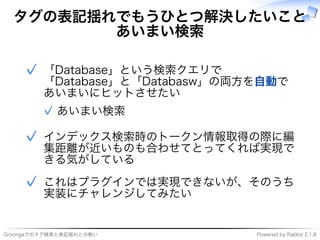 ���������������������� �����������������������
タグの表記揺れでもうひとつ解決したいこと
あいまい検索
�������������������
�������������������������自動�
������������
������✓
✓
����������������������
����������������������
��������
✓
����������������������
�������������
✓
 