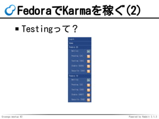 Groonga meetup #2 Powered by Rabbit 2.1.2
FedoraKarmaڤ(2)
Testingäƣ
 