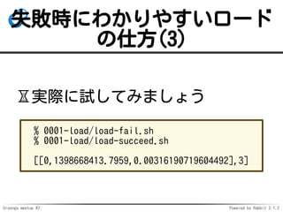 Groonga meetup #2 Powered by Rabbit 2.1.2
ʧrˤ狼䤹`
˷(3)
?gHԇƤߤޤ礦
% 0001-load/load-fail.sh
% 0001-load/load-succeed.sh
[[0,1398668413.7959,0.00316190719604492],3]
 
