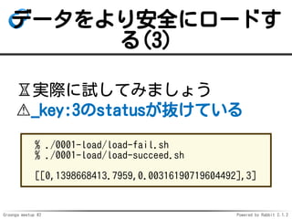Groonga meetup #2 Powered by Rabbit 2.1.2
ǩ`갲ȫ˥`ɤ
(3)
?gHԇƤߤޤ礦
?_key:3statusiƤ
% ./0001-load/load-fail.sh
% ./0001-load/load-succeed.sh
[[0,1398668413.7959,0.00316190719604492],3]
 