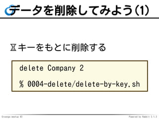 Groonga meetup #2 Powered by Rabbit 2.1.2
ǩ`Ƥߤ褦(1)
?`Ȥ
delete Company 2
% 0004-delete/delete-by-key.sh
 