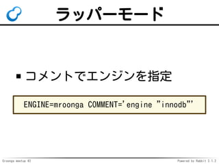 Groonga meetup #2 Powered by Rabbit 2.1.2
åѩ``
Ȥǥ󥸥ָ
ENGINE=mroonga COMMENT='engine "innodb"'
 
