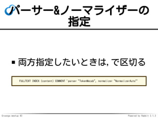 Groonga meetup #2 Powered by Rabbit 2.1.2
ѩ``&Ω`ޥ饤`
ָ
IָȤ,Ф
FULLTEXT INDEX (content) COMMENT 'parser "TokenMecab", normalizer "NormalizerAuto"'
 