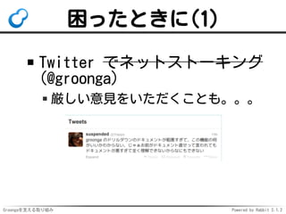 困ったときに(1)
Twitter でネットストーキング
(@groonga)
厳しい意見をいただくことも。。。

Groongaを支える取り組み

Powered by Rabbit 2.1.2

 