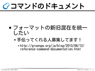 コマンドのドキュメント
フォーマットの新旧混在を統一
したい
手伝ってくれる人募集してます！
http://groonga.org/ja/blog/2013/08/12/
reference-command-documentation.html

Groongaを支える取り組み

Powered by Rabbit 2.1.2

 