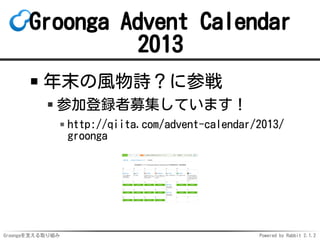 Groonga Advent Calendar
2013
年末の風物詩？に参戦
参加登録者募集しています！
http://qiita.com/advent-calendar/2013/
groonga

Groongaを支える取り組み

Powered by Rabbit 2.1.2

 