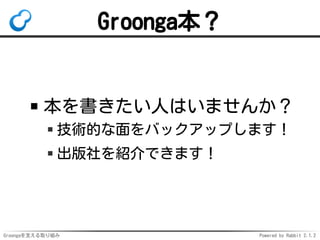 Groonga本？

本を書きたい人はいませんか？
技術的な面をバックアップします！
出版社を紹介できます！

Groongaを支える取り組み

Powered by Rabbit 2.1.2

 