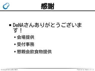 感謝
DeNAさんありがとうございま
す！
会場提供
受付事務
懇親会飲食物提供

Groongaを支える取り組み

Powered by Rabbit 2.1.2

 
