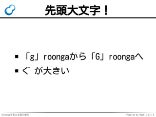 先頭大文字！

「g」roongaから「G」roongaへ
ぐ が大きい

Groongaを支える取り組み

Powered by Rabbit 2.1.2

 