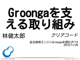Groongaを支
える取り組み
林健太郎

クリアコード
全文検索エンジンGroongaを囲む夕べ4
2013/11/29

Groongaを支える取り組み

Powered by Rabbit 2.1.2

 