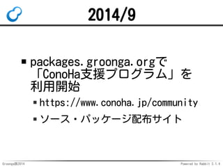 2014/9 
packages.groonga.orgで 
「ConoHa支援プログラム」を 
利用開始 
https://www.conoha.jp/community 
ソース・パッケージ配布サイト 
Groonga族2014 Power...