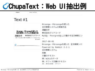 Mroonga・PGroongaを使った 全文検索システムの実装方法 Powered by Rabbit 2.2.1
ChupaText：Web UI抽出例
 