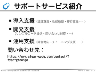 Mroonga・PGroongaを使った 全文検索システムの実装方法 Powered by Rabbit 2.2.1
サポートサービス紹介
導入支援（設計支援・性能検証・移行支援・…）
開発支援
（サンプルコード提供・問い合わせ対応・…）
運用支援（障害対応・チューニング支援・…）
問い合わせ先：
https://www.clear-code.com/contact/?
type=groonga
 