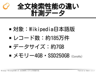 Mroonga・PGroongaを使った 全文検索システムの実装方法 Powered by Rabbit 2.2.1
全文検索性能の違い
計測データ
対象：Wikipedia日本語版
レコード数：約185万件
データサイズ：約7GB
メモリー4GB・SSD250GB（ConoHa）
 