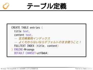 Mroonga・PGroongaを使った 全文検索システムの実装方法 Powered by Rabbit 2.2.1
テーブル定義
CREATE TABLE entries (
title text,
content text,
-- 全文検索用インデックス
-- よくわからないならデフォルトのまま使うこと！
FULLTEXT INDEX (title, content)
) ENGINE=Mroonga
DEFAULT CHARSET=utf8mb4;
 