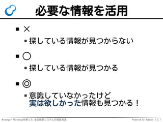Mroonga・PGroongaを使った 全文検索システムの実装方法 Powered by Rabbit 2.2.1
必要な情報を活用
×
探している情報が見つからない
○
探している情報が見つかる
◎
意識していなかったけど
実は欲しかった情報も見つかる！
 