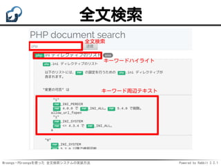 Mroonga・PGroongaを使った 全文検索システムの実装方法 Powered by Rabbit 2.2.1
全文検索
 