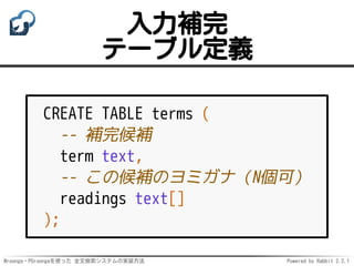 Mroonga・PGroongaを使った 全文検索システムの実装方法 Powered by Rabbit 2.2.1
入力補完
テーブル定義
CREATE TABLE terms (
-- 補完候補
term text,
-- この候補のヨミガナ（N個可）
readings text[]
);
 