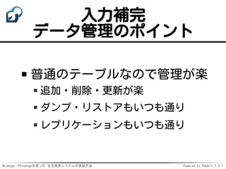 Mroonga・PGroongaを使った 全文検索システムの実装方法 Powered by Rabbit 2.2.1
入力補完
データ管理のポイント
普通のテーブルなので管理が楽
追加・削除・更新が楽
ダンプ・リストアもいつも通り
レプリケーションもいつも通り
 