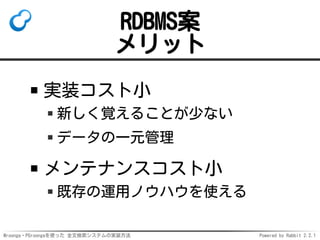 Mroonga・PGroongaを使った 全文検索システムの実装方法 Powered by Rabbit 2.2.1
RDBMS案
メリット
実装コスト小
新しく覚えることが少ない
データの一元管理
メンテナンスコスト小
既存の運用ノウハウを使える
 