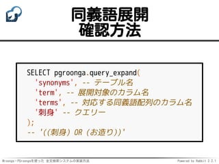 Mroonga・PGroongaを使った 全文検索システムの実装方法 Powered by Rabbit 2.2.1
同義語展開
確認方法
SELECT pgroonga.query_expand(
'synonyms', -- テーブル名
'term', -- 展開対象のカラム名
'terms', -- 対応する同義語配列のカラム名
'刺身' -- クエリー
);
-- '((刺身) OR (お造り))'
 