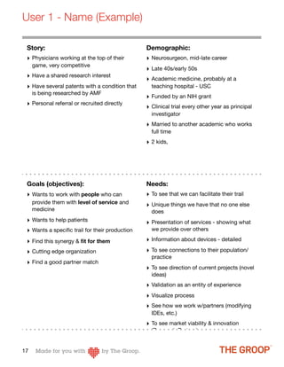 User 1 - Name (Example)

 Story:                                         Demographic:
 ‣ Physicians working at the top of their       ‣ Neurosurgeon, mid-late career
     game, very competitive
                                                ‣ Late 40s/early 50s
 ‣   Have a shared research interest
                                                ‣ Academic medicine, probably at a
 ‣ Have several patents with a condition that     teaching hospital - USC
     is being researched by AMF
                                                ‣ Funded by an NIH grant
 ‣   Personal referral or recruited directly
                                                ‣ Clinical trial every other year as principal
                                                  investigator
                                                ‣ Married to another academic who works
                                                  full time
                                                ‣ 2 kids,




 Goals (objectives):                            Needs:
 ‣ Wants to work with people who can            ‣ To see that we can facilitate their trail
     provide them with level of service and
                                                ‣ Unique things we have that no one else
     medicine                                     does
 ‣ Wants to help patients                       ‣ Presentation of services - showing what
 ‣ Wants a speciﬁc trail for their production     we provide over others

 ‣ Find this synergy & ﬁt for them              ‣ Information about devices - detailed
 ‣ Cutting edge organization                    ‣ To see connections to their population/
                                                  practice
 ‣ Find a good partner match
                                                ‣ To see direction of current projects (novel
                                                  ideas)
                                                ‣ Validation as an entity of experience
                                                ‣ Visualize process
                                                ‣ See how we work w/partners (modifying
                                                  IDEs, etc.)
                                                ‣ To see market viability & innovation
                                                  (Research Partner)


17
 