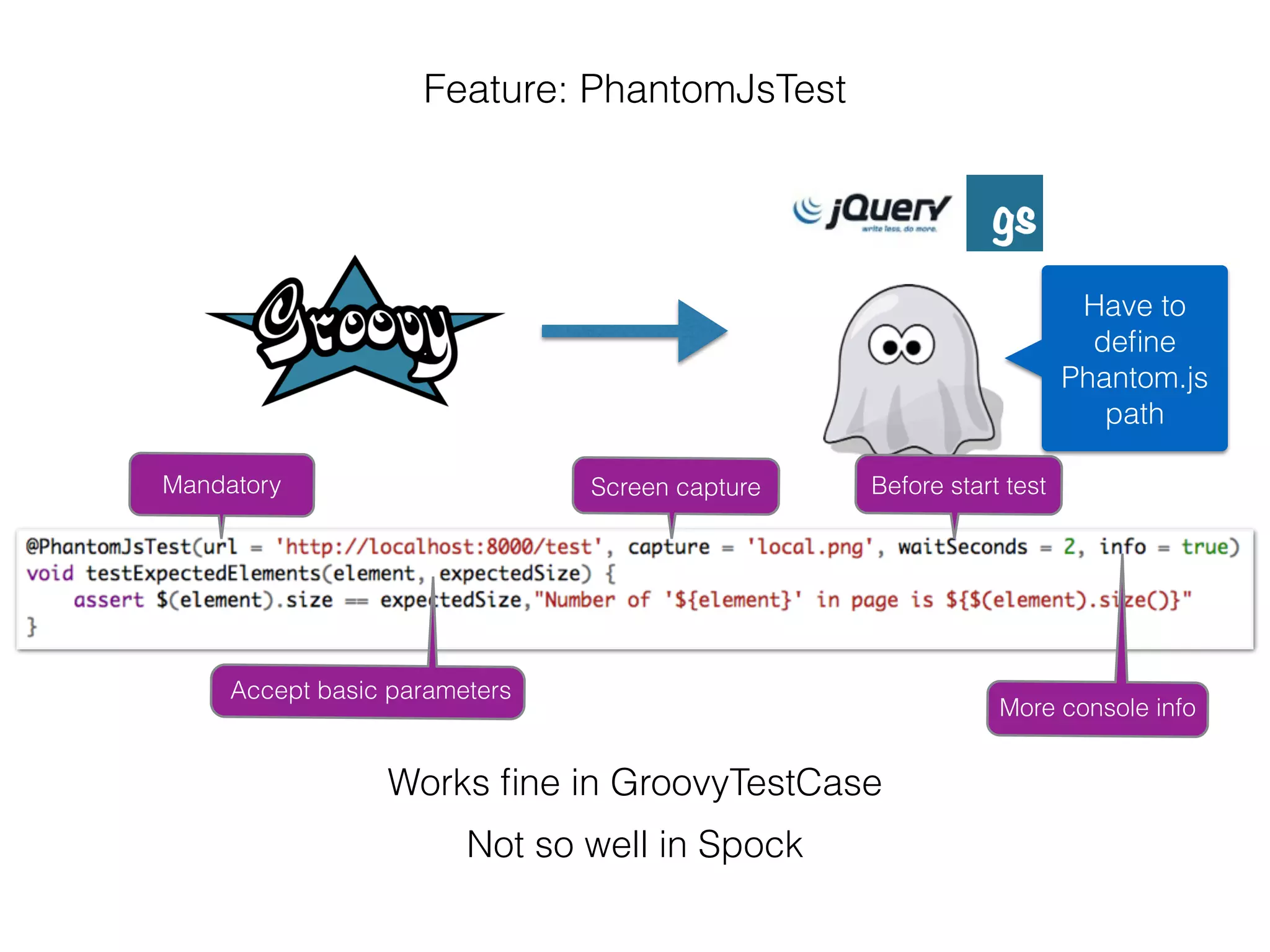 Mandatory Screen capture Before start test
More console info
Accept basic parameters
Works ﬁne in GroovyTestCase
Not so well in Spock
Have to
deﬁne
Phantom.js
path
Feature: PhantomJsTest
 