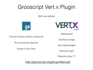 Grooscript Vert.x Plugin
Convert Groovy code to Javascript
Run conversion daemon
Websockets
Eventbus bridge
New port open
Events in the client
Auto reload pages
Both are optional
http://grooscript.org/pluginManual/
v 1.3.1
Requires Java 1.7
 