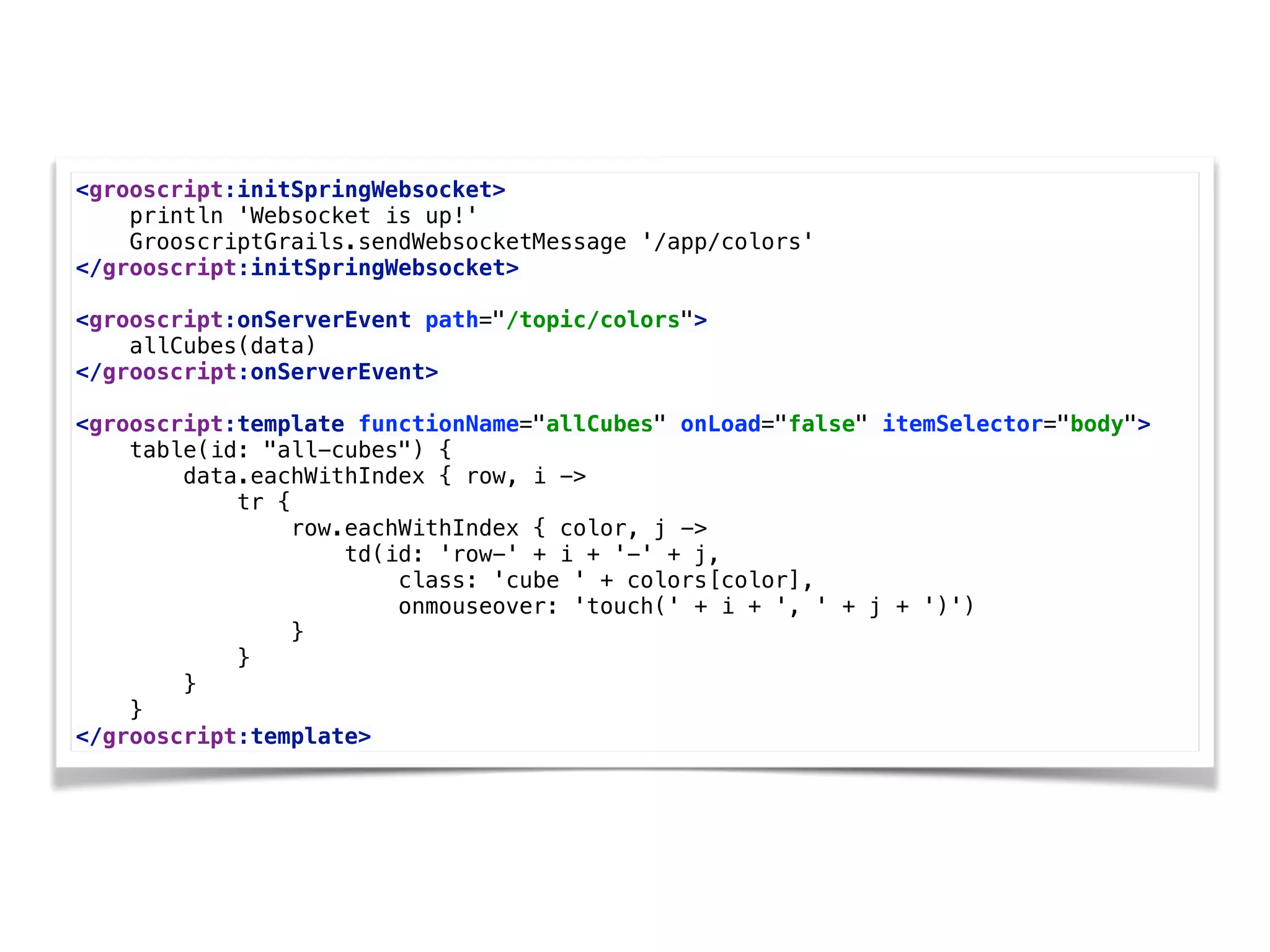 <grooscript:initSpringWebsocket> 
println 'Websocket is up!' 
GrooscriptGrails.sendWebsocketMessage '/app/colors' 
</grooscript:initSpringWebsocket> 
 
<grooscript:onServerEvent path="/topic/colors"> 
allCubes(data) 
</grooscript:onServerEvent> 
 
<grooscript:template functionName="allCubes" onLoad="false" itemSelector="body"> 
table(id: "all-cubes") { 
data.eachWithIndex { row, i -> 
tr { 
row.eachWithIndex { color, j -> 
td(id: 'row-' + i + '-' + j, 
class: 'cube ' + colors[color], 
onmouseover: 'touch(' + i + ', ' + j + ')') 
} 
} 
} 
} 
</grooscript:template>
 