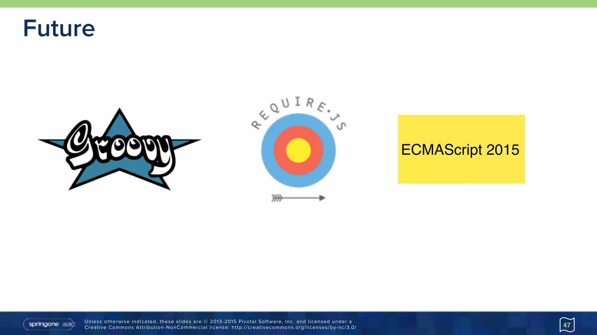 Unless otherwise indicated, these slides are © 2013-2015 Pivotal Software, Inc. and licensed under a 
Creative Commons Attribution-NonCommercial license: http://creativecommons.org/licenses/by-nc/3.0/
Future
47
ECMAScript 2015
 