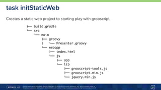Unless otherwise indicated, these slides are © 2013-2015 Pivotal Software, Inc. and licensed under a 
Creative Commons Attribution-NonCommercial license: http://creativecommons.org/licenses/by-nc/3.0/ 27
task initStaticWeb
"## build.gradle
$## src
$## main
"## groovy
% $## Presenter.groovy
$## webapp
"## index.html
$## js
"## app
$## lib
"## grooscript-tools.js
"## grooscript.min.js
$## jquery.min.js
Creates a static web project to starting play with grooscript.
 